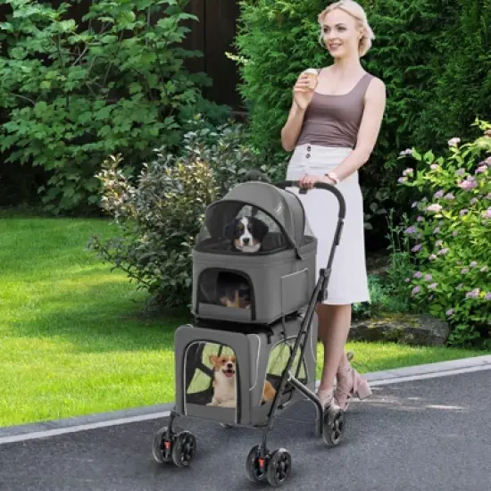 Costway Double Pet Stroller for 2 Dogs or Cats w/ 2 Detachable Carriers Safety Belt Gray image {2}
