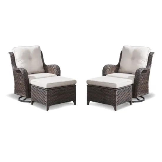 POCASSY Outdoor Swivel Glider Chairs Set of 2 with Ottomans, Patio Furniture Set with All Weather Wicker Outdoor Lounge Accent Chair for Porch Deck image {1}
