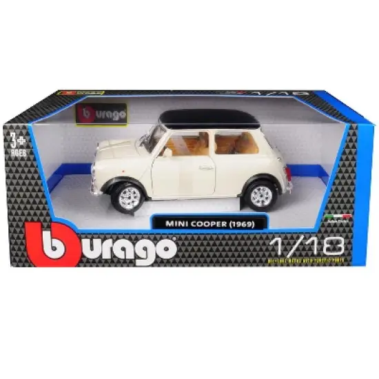 1969 Mini Cooper Beige with Black Top 1/18 Diecast Model Car by Bburago image {2}