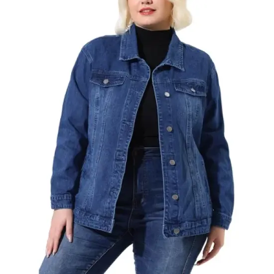 Agnes Orinda Women's Plus Size Outerwear Button Front Washed Denim Jean Jacket image {11}