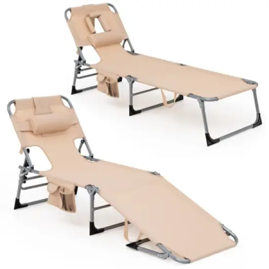 Tangkula 2PCS Beach Lounge Chair Reclining Chair with 5 Adjustable Positions Detachable Pillow &Hand Ropes Blue/Black/Gray/Turquoise/Beige/Pink image {9}