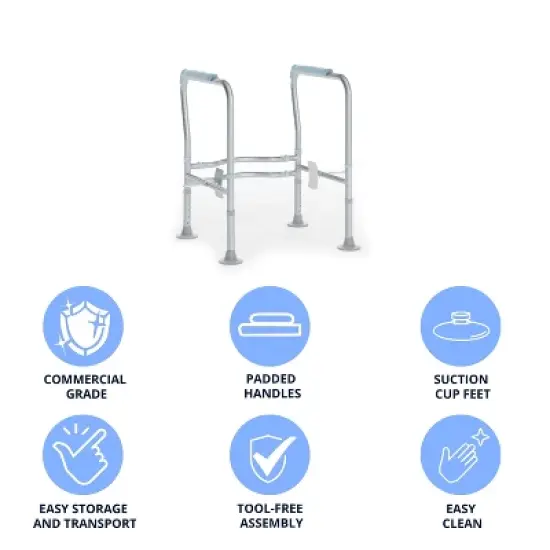 Emma and Oliver Ramsey Toilet Safety Rail for the Elderly with Height Adjustable Silver Steel Frame, Gray Padded Handles and Suction Cup Feet image {1}