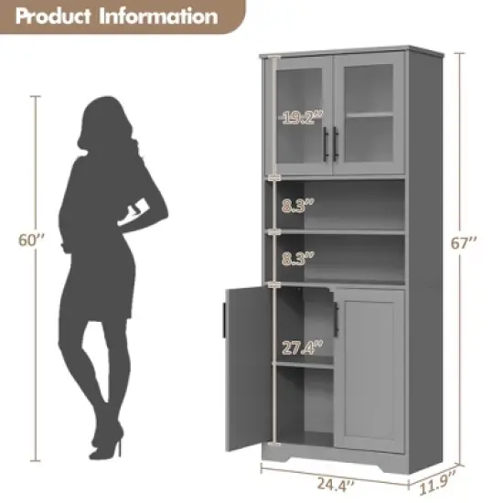 67" Tall Storage Cabinet, Pantry Cabinets with Glass Doors and Adjustable Shelves, Freestanding Kitchen Cupboard for Living Room, Dining Room image {2}