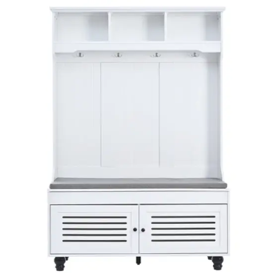 TIRAMISUBEST 5-in-1 Hall Tree with Storage Bench & 4 Hooks - Shutter Door Entryway Organizer for Coats, Shoes, Farmhouse Style, 47" image {2}