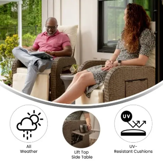 Flash Furniture Nemo Set of 2 Indoor/Outdoor Patio Wicker Rattan Recliner Lounge Chairs with Flip up Side Tables image {9}