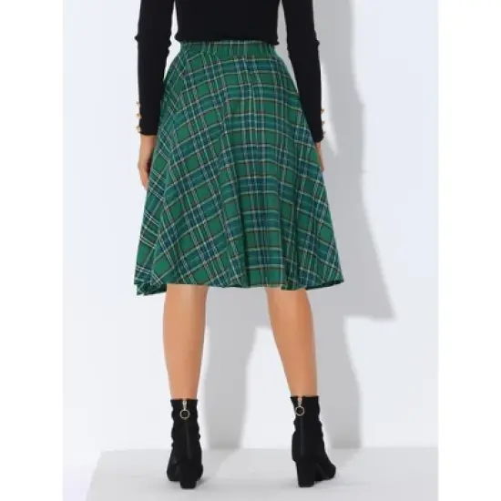 Allegra K Women's Plaid Tartan Skirt High Elastic Waist A-Line Vintage Flare Skirt image {3}