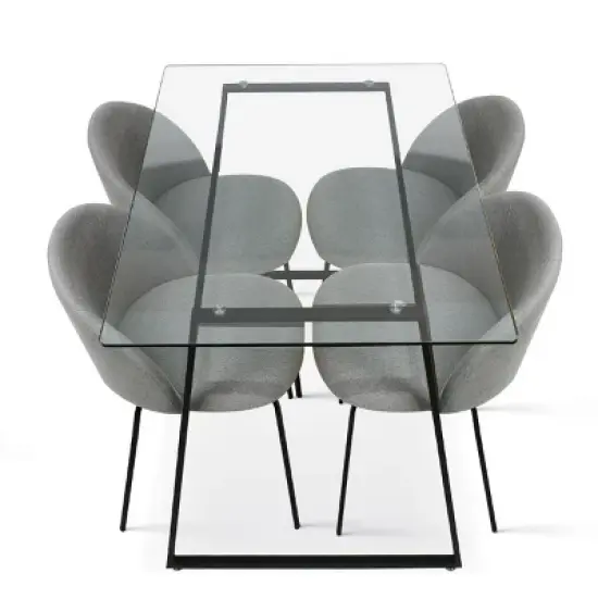 Mona+Nano 5 Piece Black Rectangular Clear Tempered Transparent Glass Table with 4 Upholstered Side Chairs-The Pop Maison image {2}