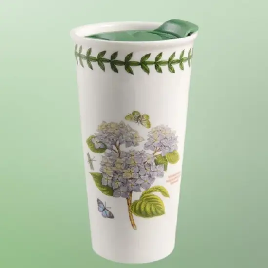 Portmeirion Botanic Garden 12 Ounce Porcelain Travel Mug, Hydrangea Motif, Dishwasher, Microwave Safe Cup, Hot Beverages On-the-Go image {2}
