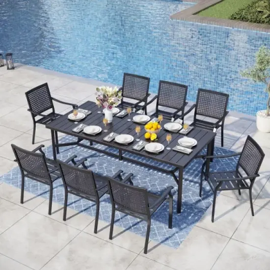 Captiva Designs 9pc Spacious Slat-top Rectangle Metal Table & Steel Stackable Chairs image {15}