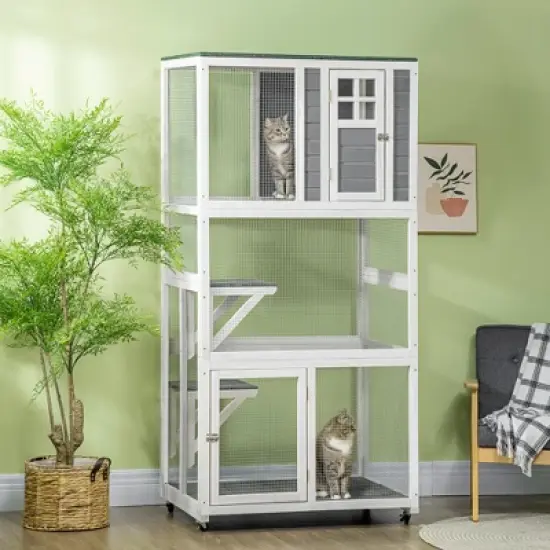 PawHut 74" Wooden Outdoor Cat House Weatherproof & Wheeled, Catio Outdoor Cat Enclosure with High Weight Capacity, Cat Cage Condo image {2}