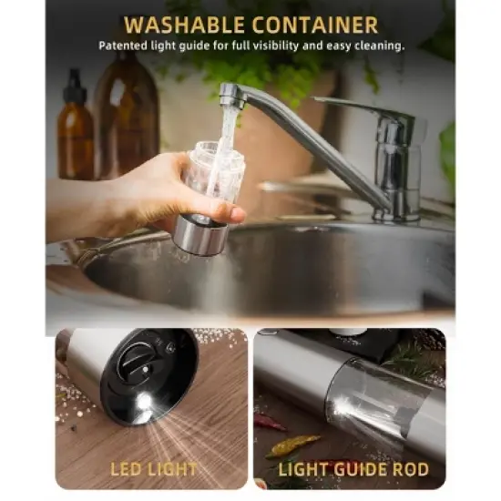 SUGIFT Electric Salt and Pepper Grinder Set - Automatic Refillable Salt and Pepper Grinders with Charging Base & LED Light image {7}