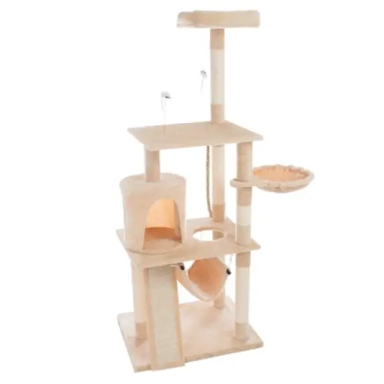 4-Tier Indoor Cat Tower - Deluxe 6-Post Scratcher with Board, Napping Perches, Sleeping Condo, Hammocks, and Hanging Toys for Cats by PETMAKER (Beige) image {6}