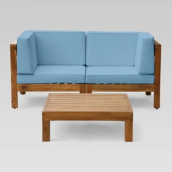 Brava 3pc Acacia Modular Loveseat and Table Set - Teak/Blue - Christopher Knight Home image {1}