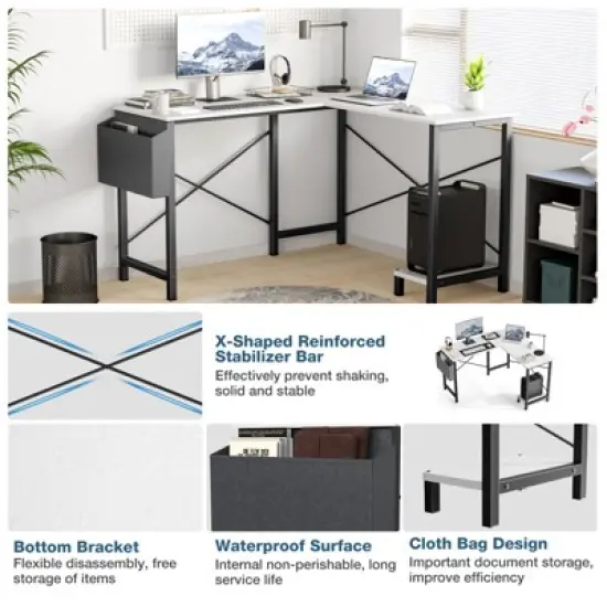 Sevobal Desks L Shaped Computer Desk, Gaming Corner Office Writing PC Wooden Table With CPU Storage Shelf And Side Bag, White, 50"*43.2"*29.5" image {4}