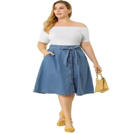 Agnes Orinda Women's Plus Size Denim Tie Waist Button Front A-Line Midi Skirts image {2}