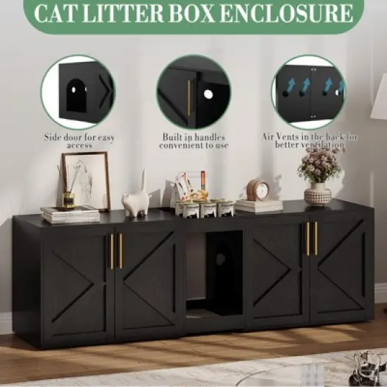 Cat Litter Box Enclosure with Double Room, Modern Wood Cat Washroom Furniture with Pad image {3}