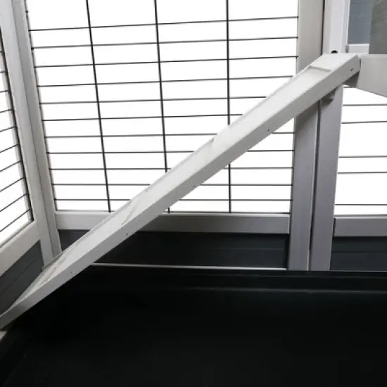 DOMETOUR Wooden Rabbit Hutch, Outdoor Pet Bunny House Wooden Cage with Ventilation Gridding Fence, Openable Door, Cleaning Tray, Gray image {10}