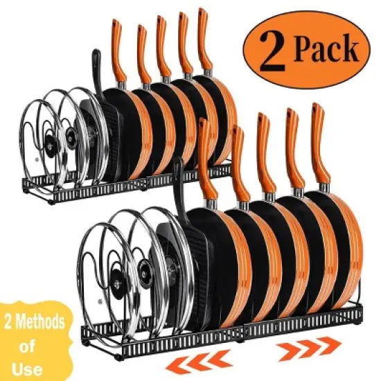 SEVOBAL 2PC Pot Rack Expandable Pan Organizer Lid Holder 10 Adjustable Compartment Kitchen Cabinet Cookware Baking Rack, Black, 12.48"*8.19"*4.68" image {6}