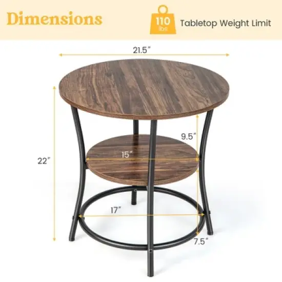 Costway 2 PCS 2-Tier Sofa Side End Table Round Nightstand with Sturdy Metal Frame Brown/Oak image {2}