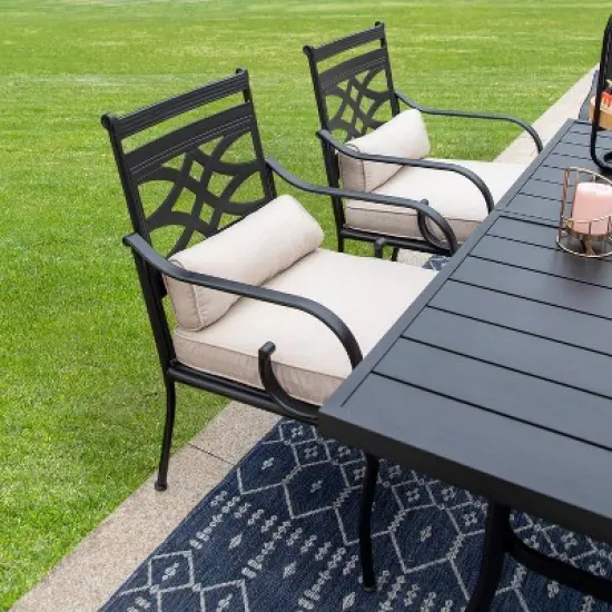 7pc Outdoor Dining Set with Chairs with Cushions & Large Metal Table with Umbrella Hole - Captiva Designs image {2}