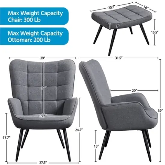 Yaheetech Accent Chair and Ottoman Set Arm Chair with Foot Rest for Living Room Gray image {2}