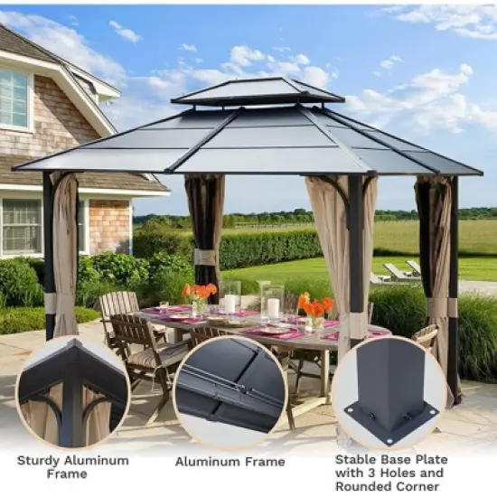 EROMMY 12 Ft. W x 10 Ft. D Hardtop Gazebo, Double layered Roof Gazebo, Black image {5}