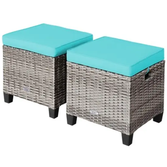 Tangkula Set of 2 Outdoor Rattan Cushioned Ottoman Seat All Weather Patio Footrest Red/Turquoise image {7}