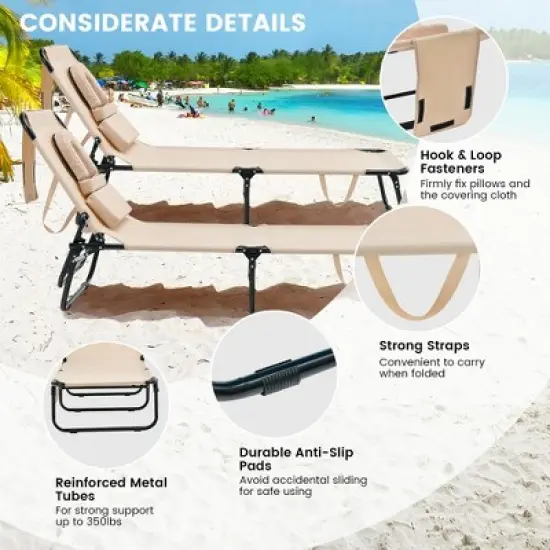 Costway 2 PCS Beach Chaise Lounge Chair with Face Hole Pillows & Adjustable Backrest image {5}