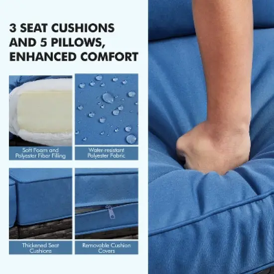 Yaheetech Patio Resin Wicker Sofa Outdoor Rattan Couch with Throw Pillows, Brown/Dark Blue image {3}