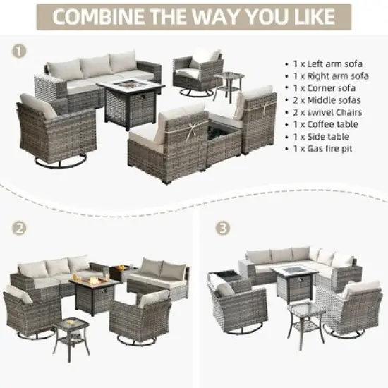 Marlton 10pc Wicker Outdoor Fire Pit Patio Furniture Set Conversation Sofa with Swivel Chairs and Cushions image {12}