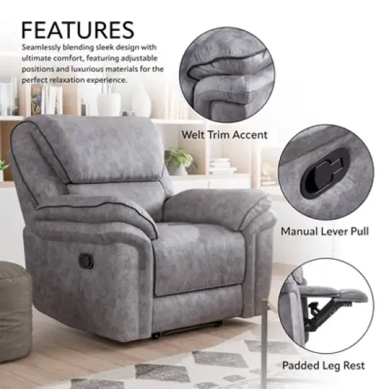 miBasics Breezenight Transitional Padded Manual Glider Reclining Chair Gray: Microsuede Upholstery, Foam Fill, Wood Frame image {3}