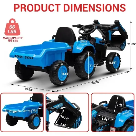 12V 3 in 1 Kids Ride on Excavator & Tractor with Detachable Trailer, Kids Electric Vehicles with Remote Control, LED Lights, Music image {2}