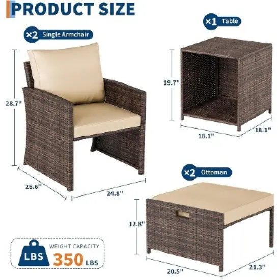 Acekool 5 Piece Balcony Patio Set Brown Rattan Armchairs with Soft Cushions 2 Hidden Ottomans and Glass Storage Table for Porch Lawn Deck image {1}