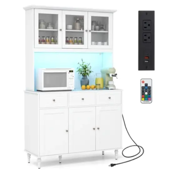 Costway Pantry Cabinet 77&rdquo; Tall Kitchen Storage Cabinet with LED Lights & Charging Station,Freestanding Cupboard with 4 Adjustable Shelves image {10}