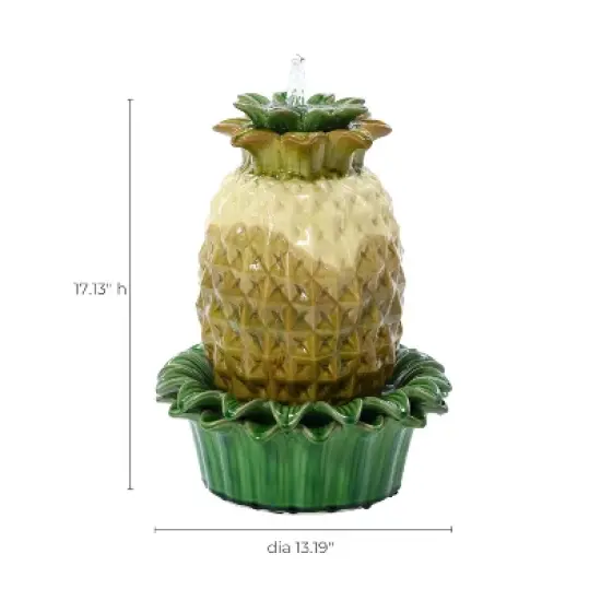 LuxenHome 17" Tabletop Ceramic Water Fountain, Pineapple Indoor and Outdoor Waterfall Fountains for Patio, Garden Decor Yellow image {4}