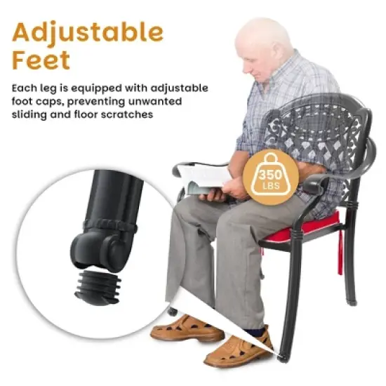 7-Piece Cast Aluminum Outdoor Dining Set with Red Cushions, Round Table & Stackable Chairs - for Patio, Backyard image {9}