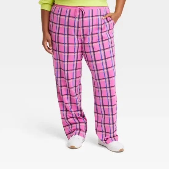 Women's Plaid Fleece Wide Leg Graphic Pants - Pink image {5}