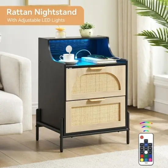 ODK Rattan Nightstand, Modern Bedside Table, End Table Night Stands with 2 Drawers, Sturdy Metal Legs, Modern Storage Night Stand for Bedroom image {6}
