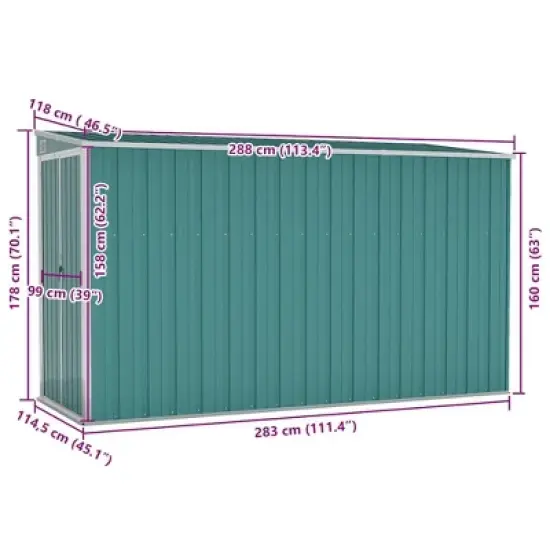 vidaXL Storage Shed Wall-mounted Garden Shed for Backyard Galvanized Steel - Green 46.5" x 113.4" x 70.1" image {6}