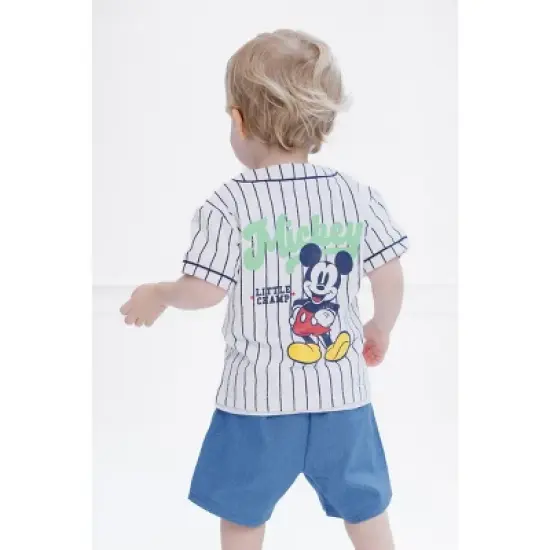 Disney Mickey Mouse Mickey Mouse Baseball Jersey V-neck Button Down Shirt Denim Shorts Outfit Set Newborn to Infant image {2}