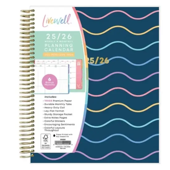 Blue Sky 7"x9" Livewell 2025-2026 Weekly/Monthly Spiral Coil Planner Laminated Lynnie Navy Waves image {2}