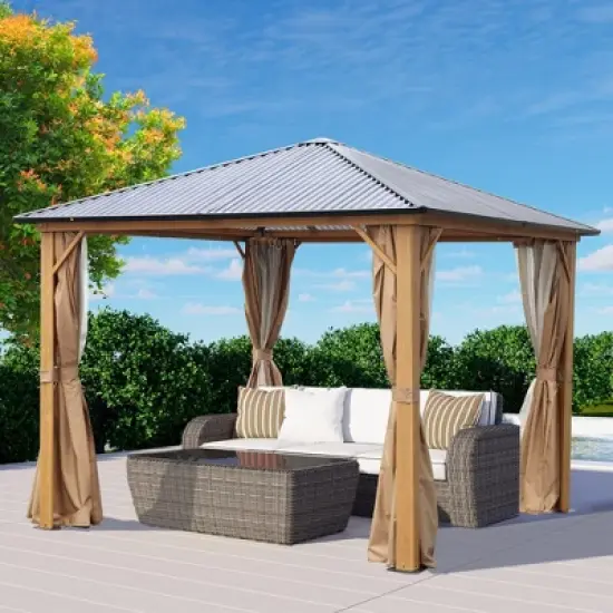 Aoodor Gazebo Polycarbonate Roof, Wooden Print Aluminum Frame With Mosquito Netting And Curtain image {5}