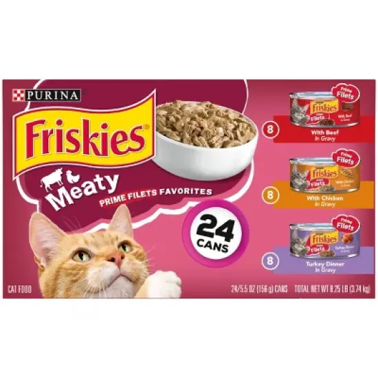 Purina Friskies Meaty Prime Filets Favorites with Chicken, Beef and Turkey Flavor Wet Cat Food - 5.5oz/24ct Variety Pack image {1}