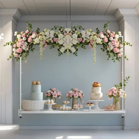 VEVOR Over The Table Rod Stand with Clamps, 13"-42'' Tall & 28"-98" Length Adjustable, Metal Table Arch Stand, Tabletop Balloon Arch Frame, White image {1}