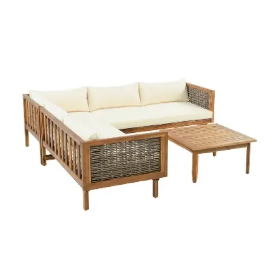 Christopher Knight Home Dorell Outdoor Acacia Wood and Wicker 5 Seater Sectional Sofa Set with Water-Resistant Cushions image {4}