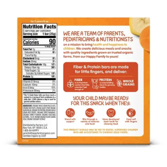 HappyTot Fiber & Protein Organic Bananas and Carrots Soft-Baked Oat Bar - 5ct/0.88oz Each image {1}