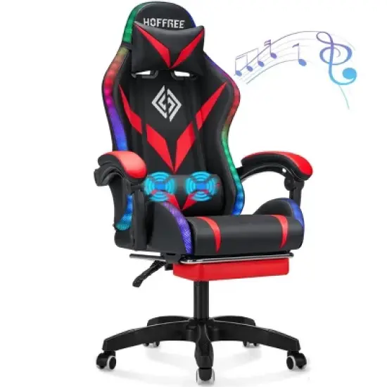 Hoffree Upholstered Massage Gaming Chair Ergonomic Office PC Chair with Bluetooth Speaker & RGB Light image {16}