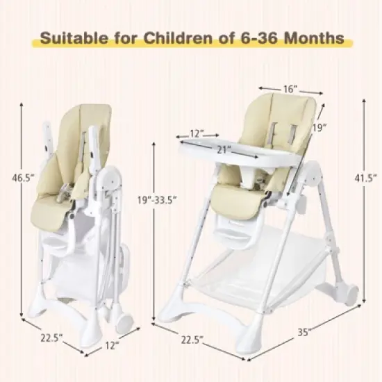 Infans Baby Convertible Folding Adjustable High Chair w/Wheel Tray Storage Basket Beige image {4}