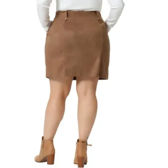 Agnes Orinda Women's Plus Size Faux Suede Zipper Front Pockets Elastic Waist Mini Skirt image {3}