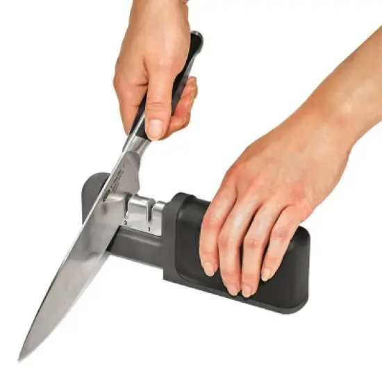 OXO Knife Sharpener: Manual Stainless Steel & Ceramic, Tungsten Carbide, Black, Lifetime Warranty, 5.39" Length image {7}